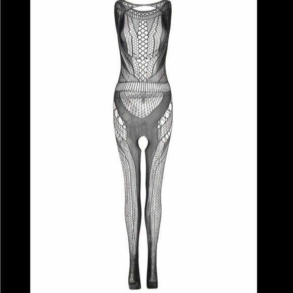 Black Hollow Out Long-Sleeve One-Piece Fishnet Bodysuit - Picture 7 of 8